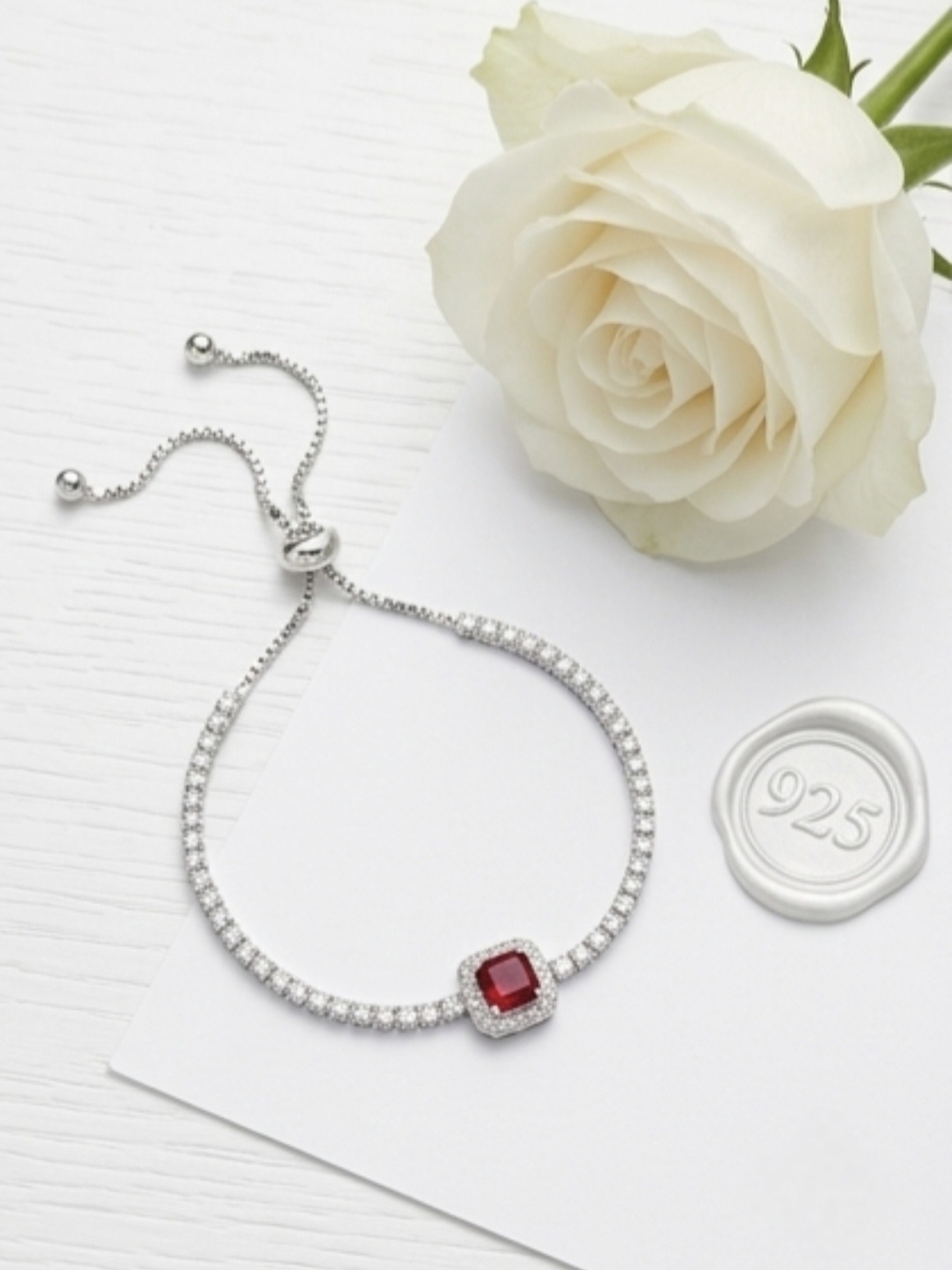 Sterling Silver 925 Tennis Bracelet with Red Ruby Gemstone Accent [6"-10"]